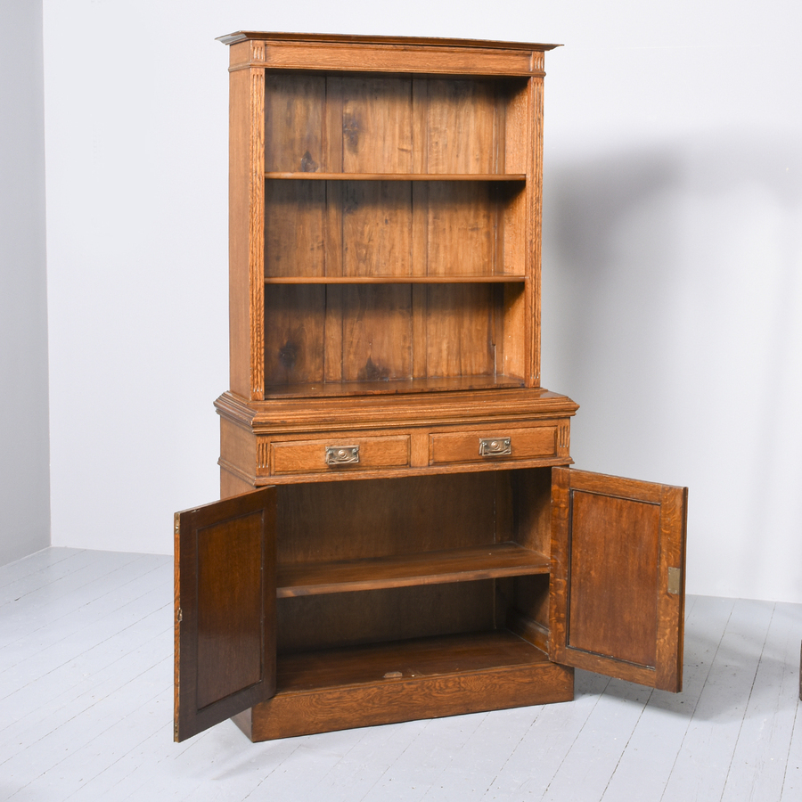 Antique Quality Oak Open Bookcase With Cabinet Base