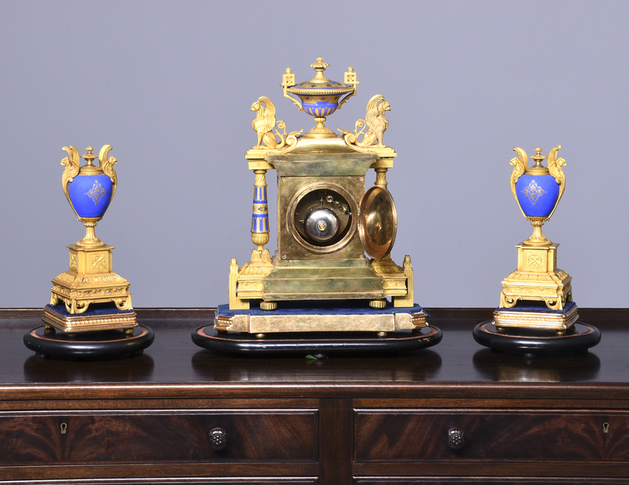 Antique French Ormolu & Porcelain Clock Garniture
