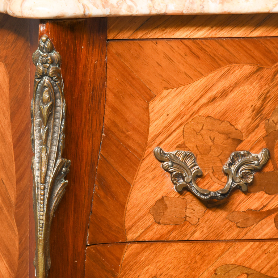 Antique Pair of Louis XV Style Marquetry Inlaid Kingwood and Walnut Lockers with Marble Tops 