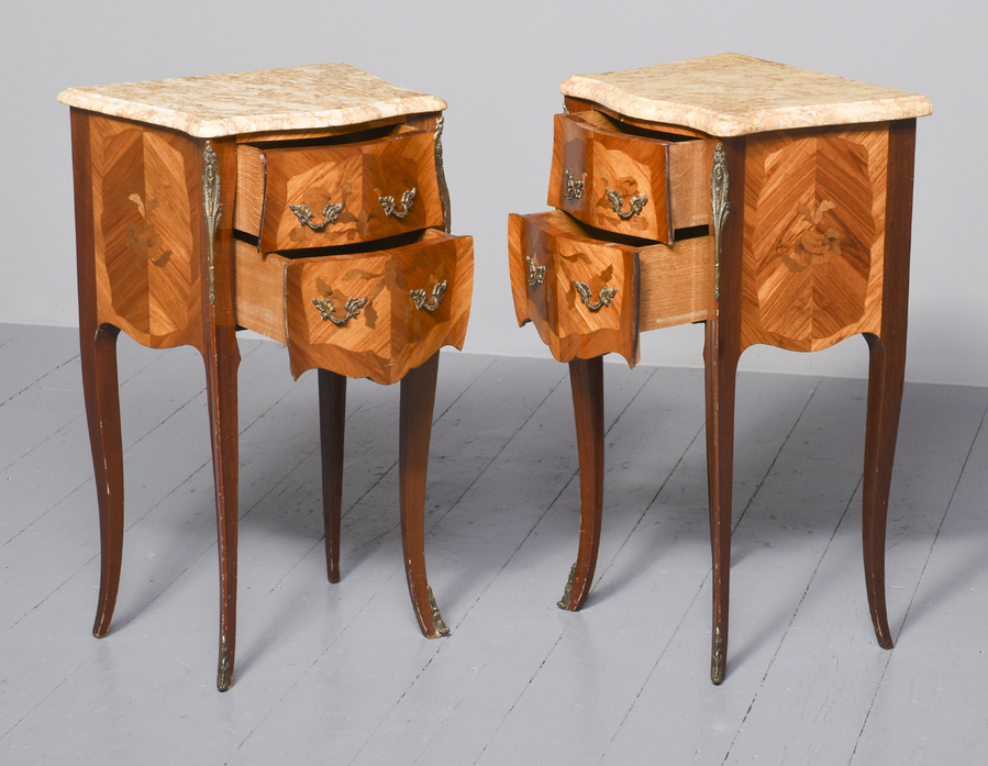 Antique Pair of Louis XV Style Marquetry Inlaid Kingwood and Walnut Lockers with Marble Tops 