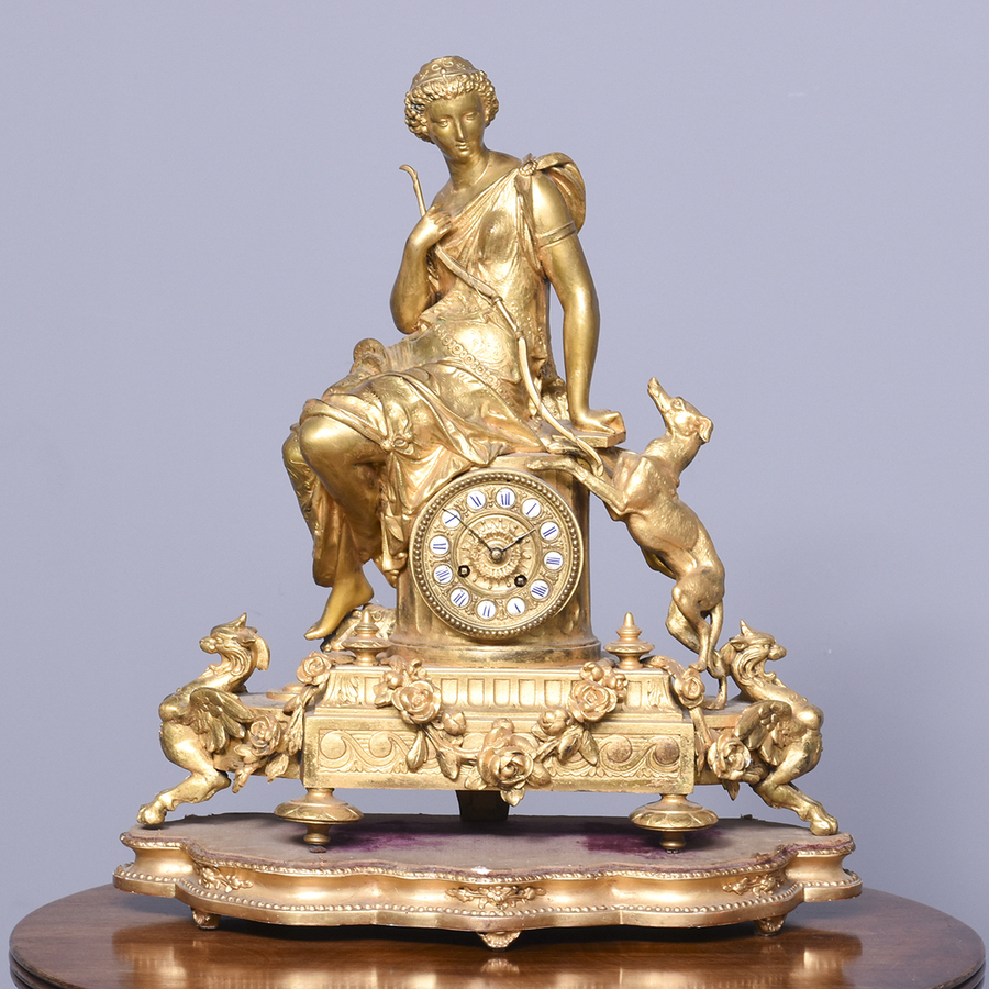 Ormolu French Clock Surmounted by The Neoclassical Figure of Diana the Hunter