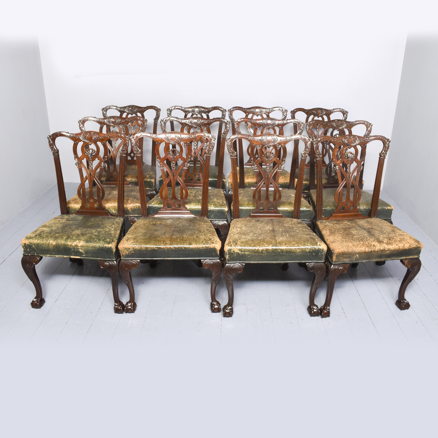 Antique Rare set of 12 Mahogany Chippendale chairs by Marsh, Jones and Cribb 