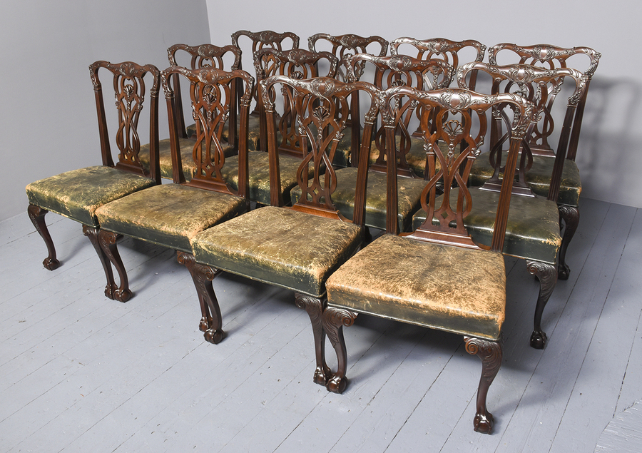 Antique Rare set of 12 Mahogany Chippendale chairs by Marsh, Jones and Cribb 