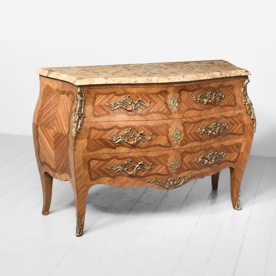 Louis XV Style French Scagliola Top Kingwood and Walnut Commode
