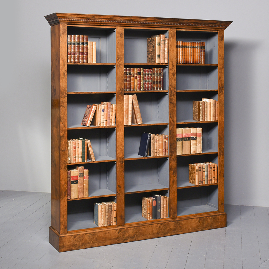 Antique Burr Walnut Tall 19th Century Open Bookcase