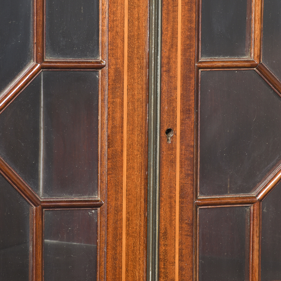Antique Quality Late Victorian Inlaid Mahogany Sheraton-Style Two-Part Astragal Glazed Corner Cupboard