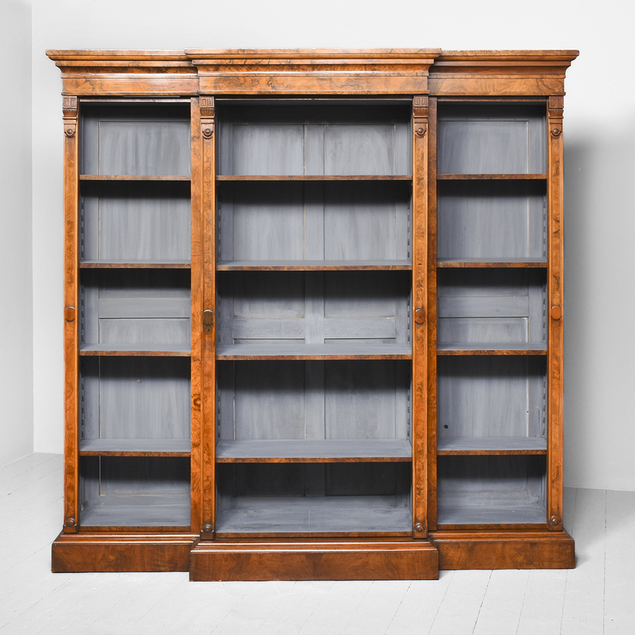 Antique Quality Victorian Burr Walnut Breakfront Open Bookcase