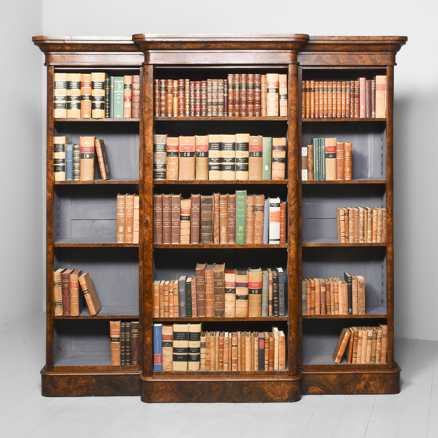 Antique Impressive Victorian Burr Walnut Breakfront Open Bookcase