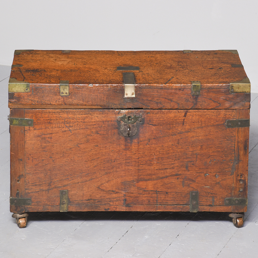 Antique Neat-Sized Early Victorian Brass-Bound Teak Military Trunk