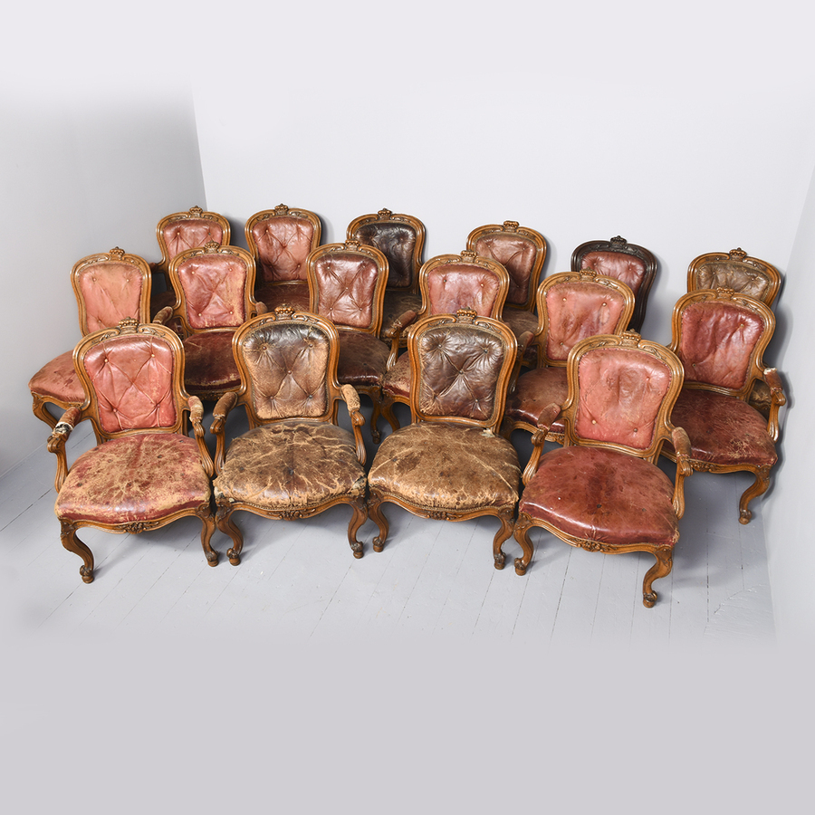 Antique Set of 16 Carved Oak Dining Chairs