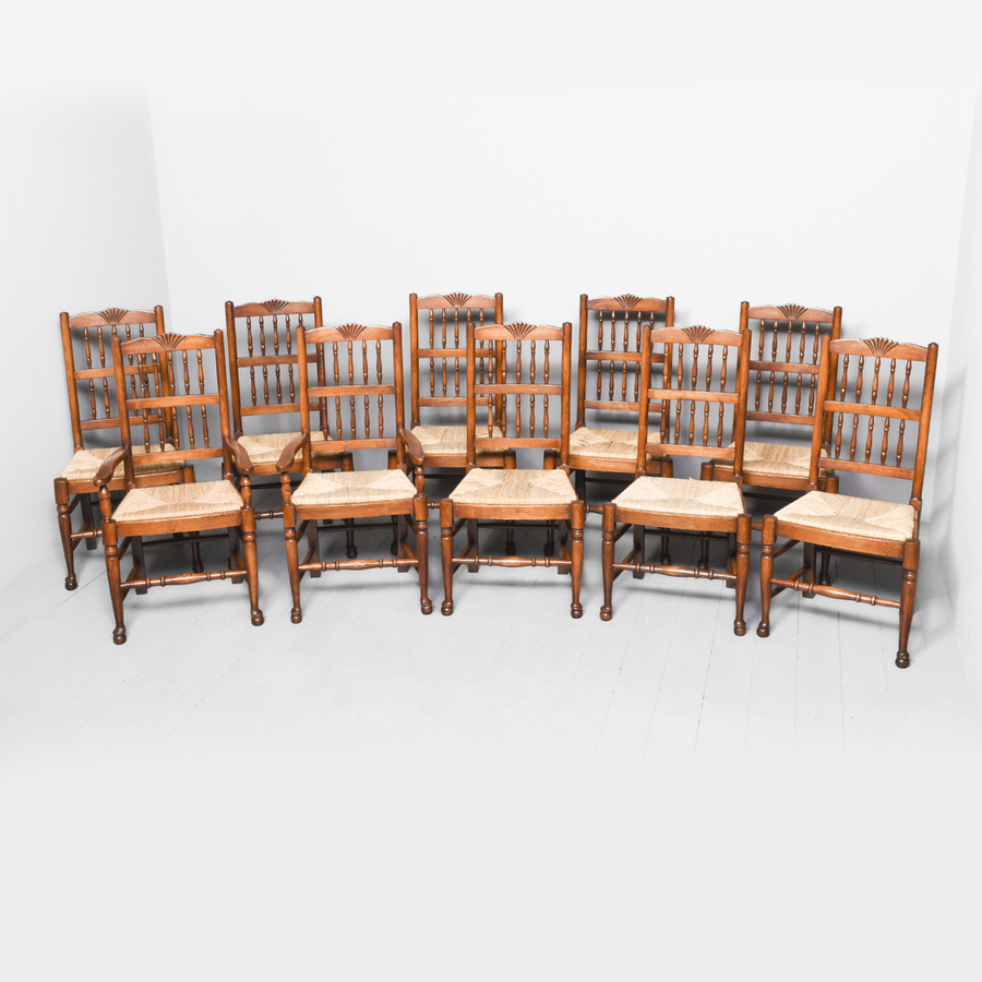 Antique Set of 10 Quality Oak Country Style Dining Chairs