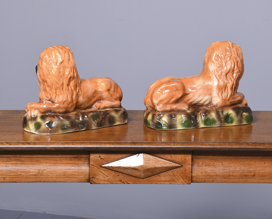 Antique Pair of Decorative Bo’ness Pottery Recumbent Lions 
