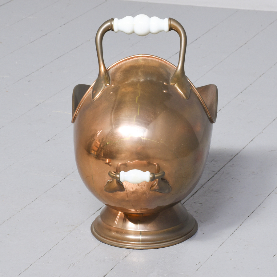 Antique Victorian Copper Helmet Coal Scuttle with Translucent Porcelain Handles