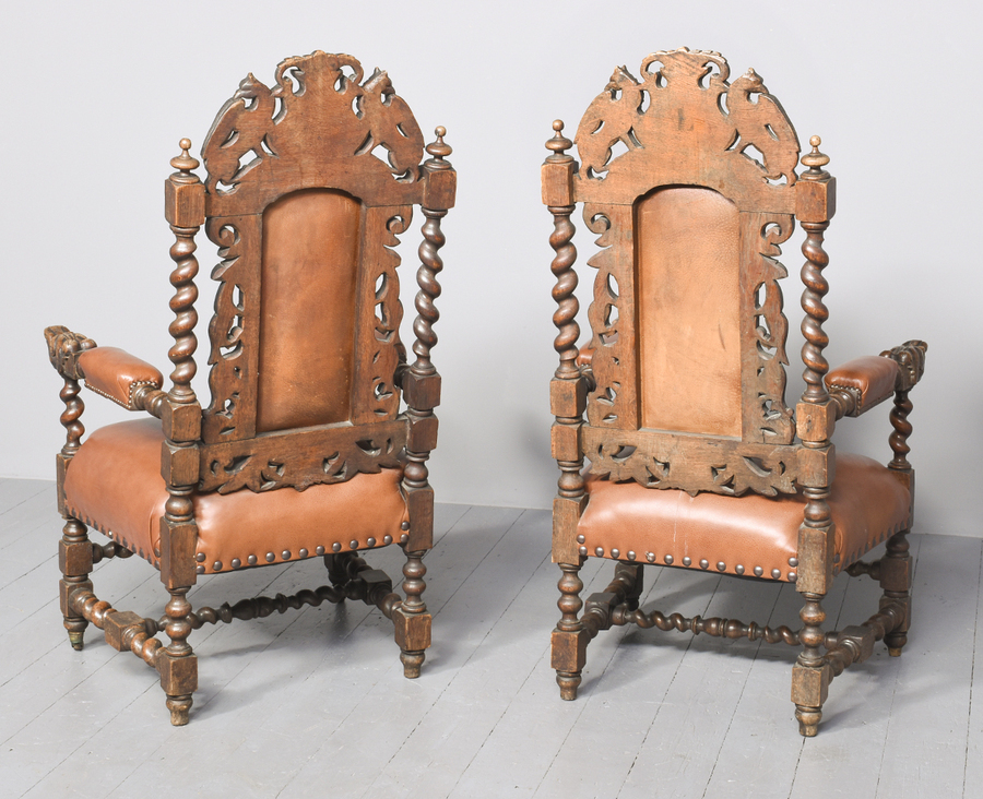 Antique Pair of Flemish Carved Oak Hall or Throne Chairs