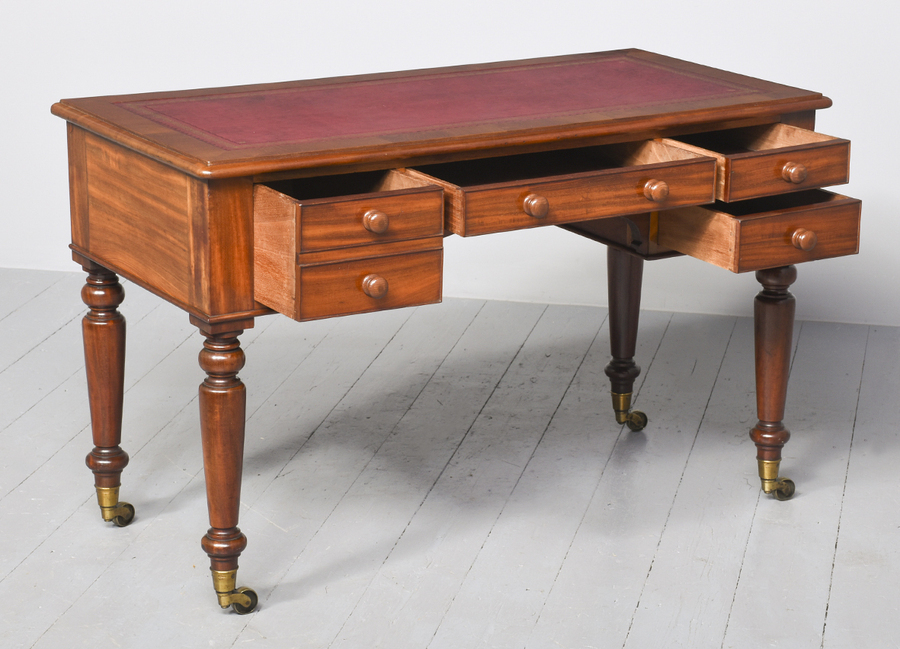 Antique Victorian Mahogany Writing Table with Gilt-Tooled Burgundy Writing Surface