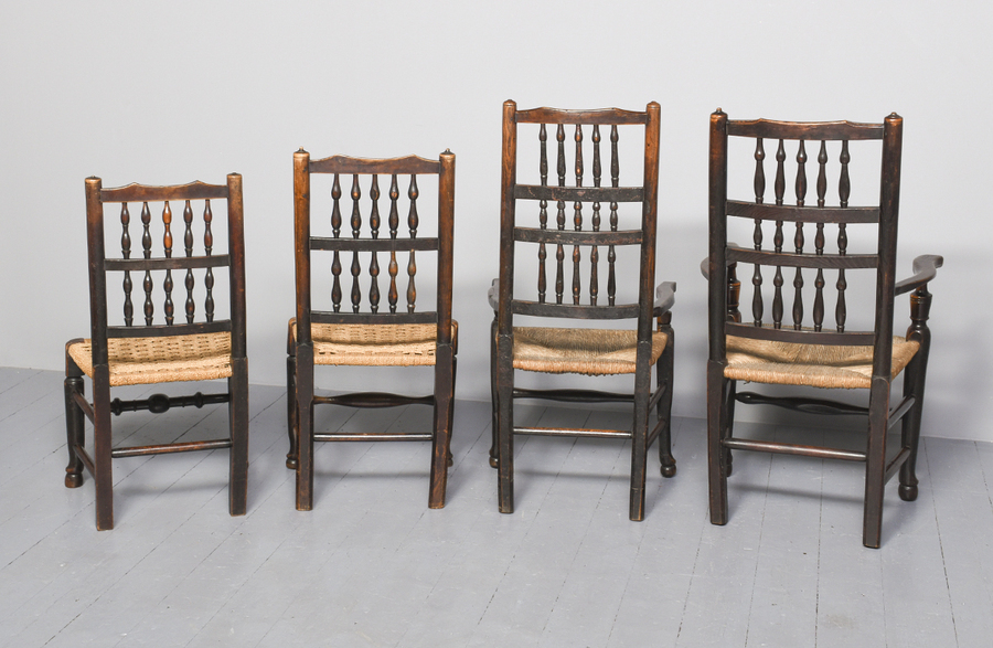 Antique Harlequin Set of Six Victorian Lancashire Spindle Back Dining Chairs 