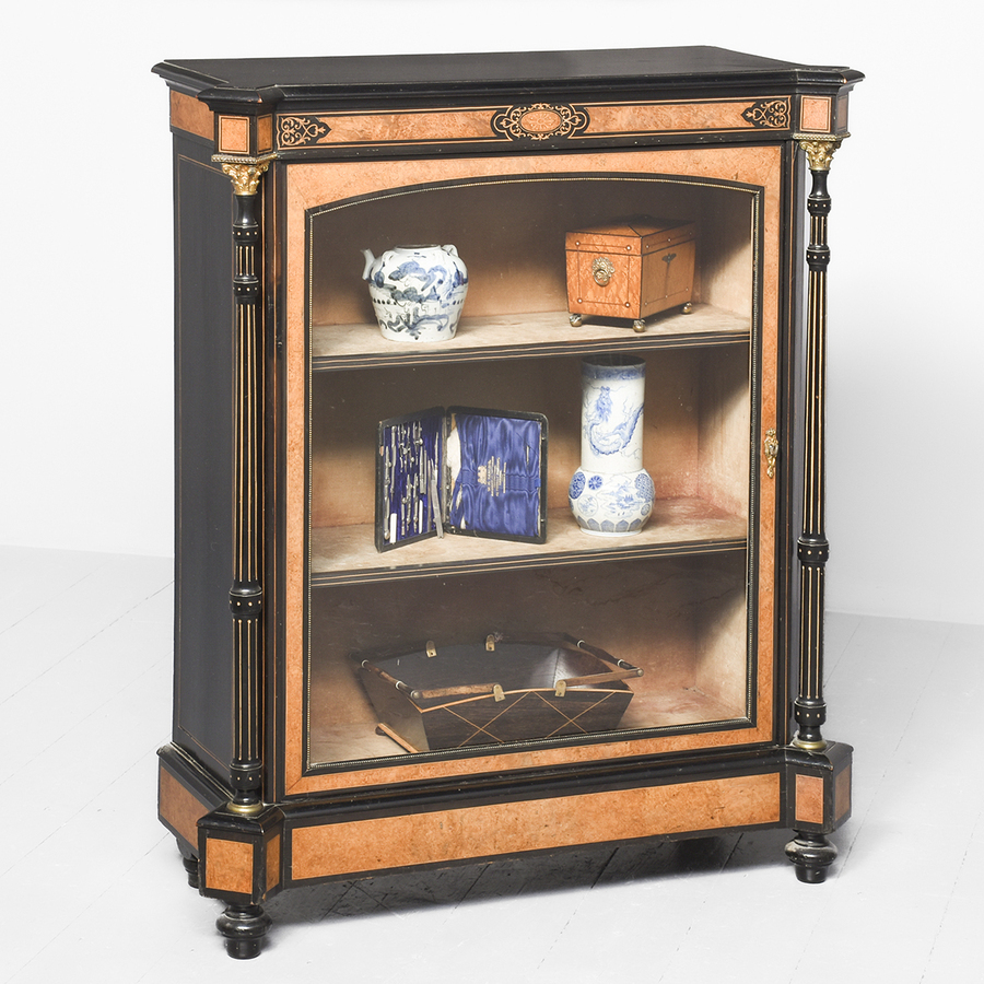 Antique Victorian Ebonized, Walnut & Amboyna Cabinet