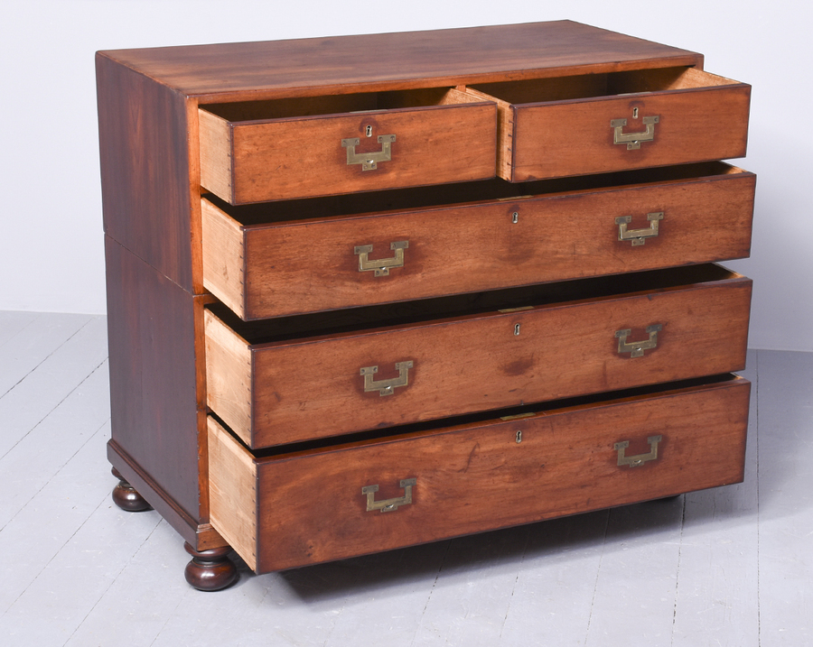 Antique Quality Mahogany, Two-Part Campaign Chest in Excellent Original Condition