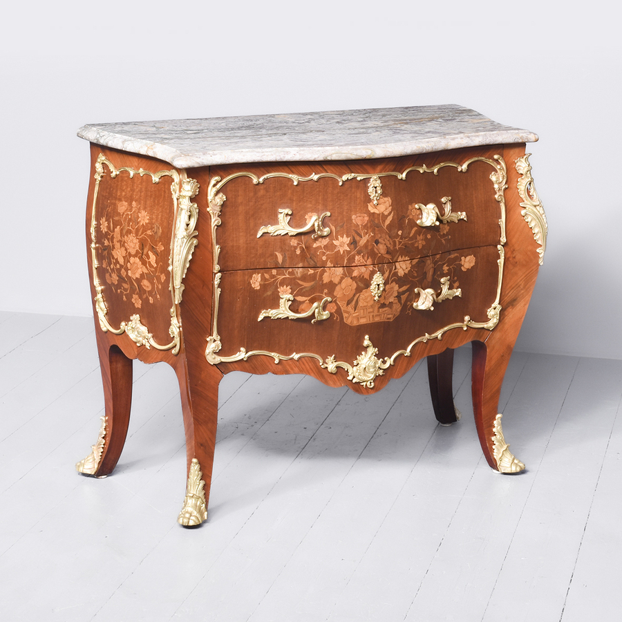 Quality Louis XIV Style Marquetry Inlaid Mahogany Marble Top French Commode