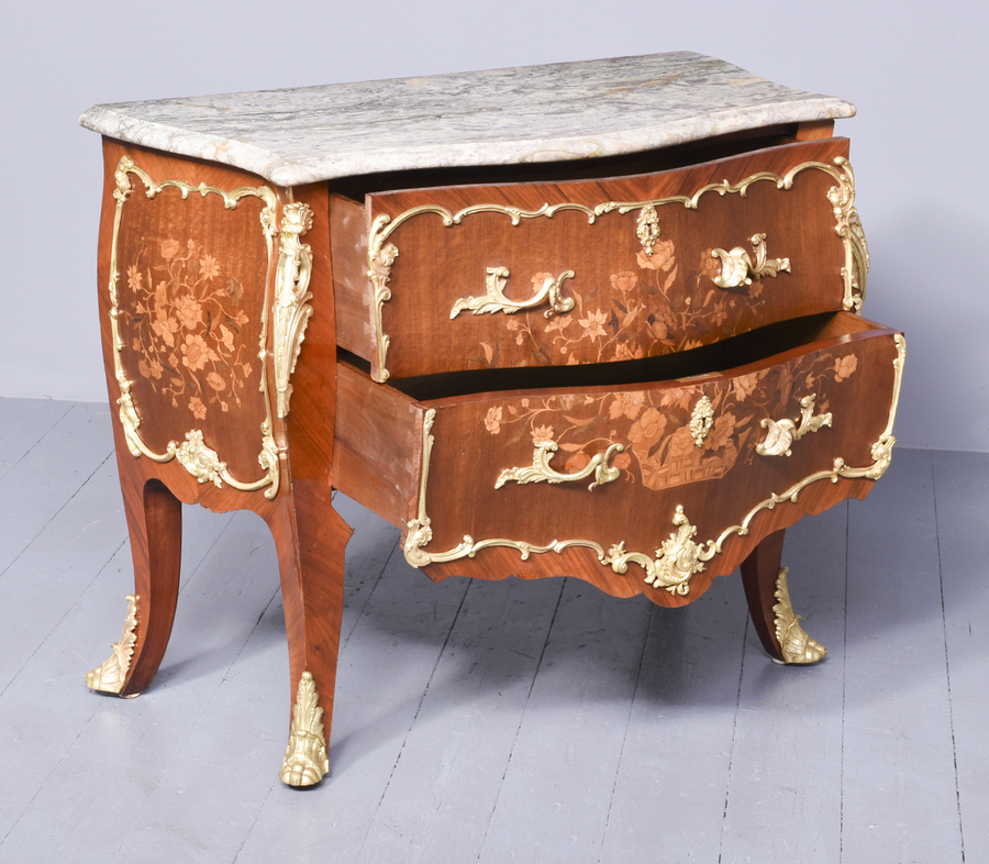 Antique Quality Louis XIV Style Marquetry Inlaid Mahogany Marble Top French Commode