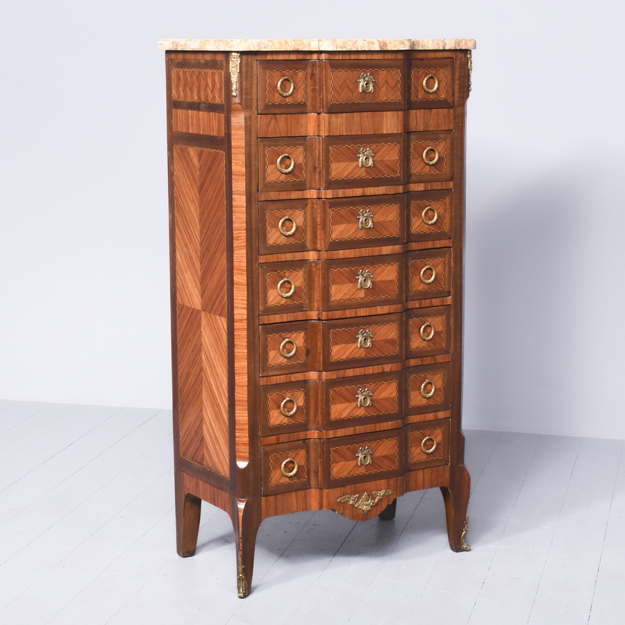 Quality Louis XVI-Style French Marble-Top, Tall Kingwood Chest of Drawers