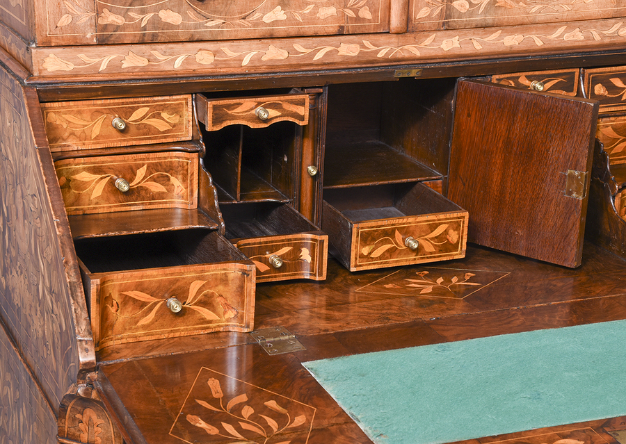 Antique Magnificent Tall Dutch Marquetry Inlaid Bureau Bookcase