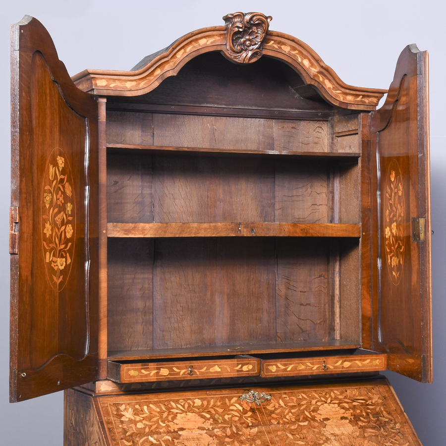 Antique Magnificent Tall Dutch Marquetry Inlaid Bureau Bookcase
