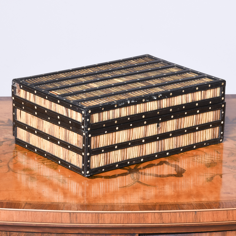 Large Antique Anglo-Indian (Ceylonese) Porcupine Quill and Bone-Inlaid Hardwood Box