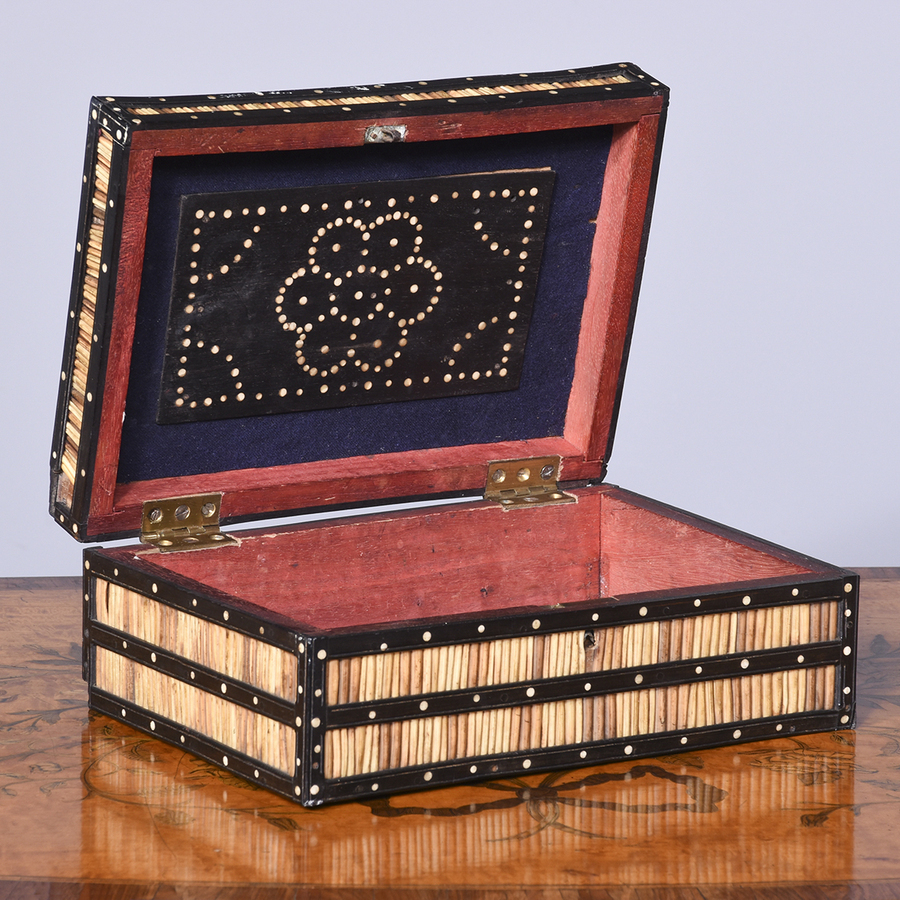Antique Large Antique Anglo-Indian (Ceylonese) Porcupine Quill and Bone-Inlaid Hardwood Box