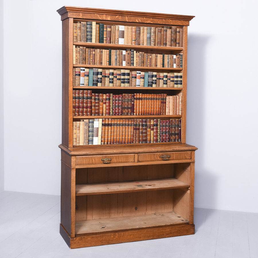 Antique Late Victorian Quarter-Cut Oak Two-Part Open Bookcase 