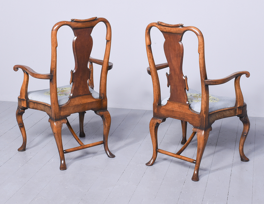 Antique Exceptional Pair of George II Style Burr and Figured Walnut Open Armchairs