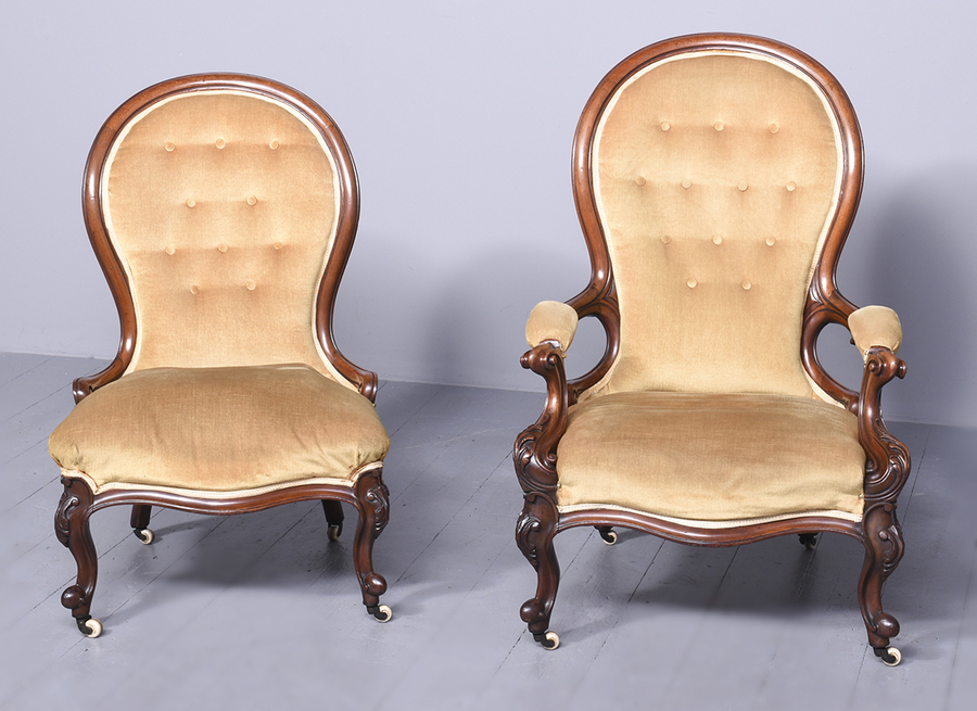 Antique Quality Pair of Victorian Carved Mahogany Ladies and Gents Chairs