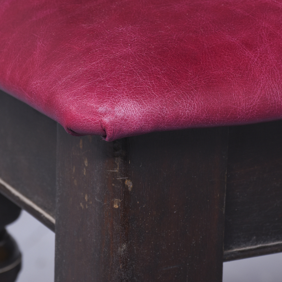 Antique Unusual Victorian Leather-Covered, Dark Birch Bench
