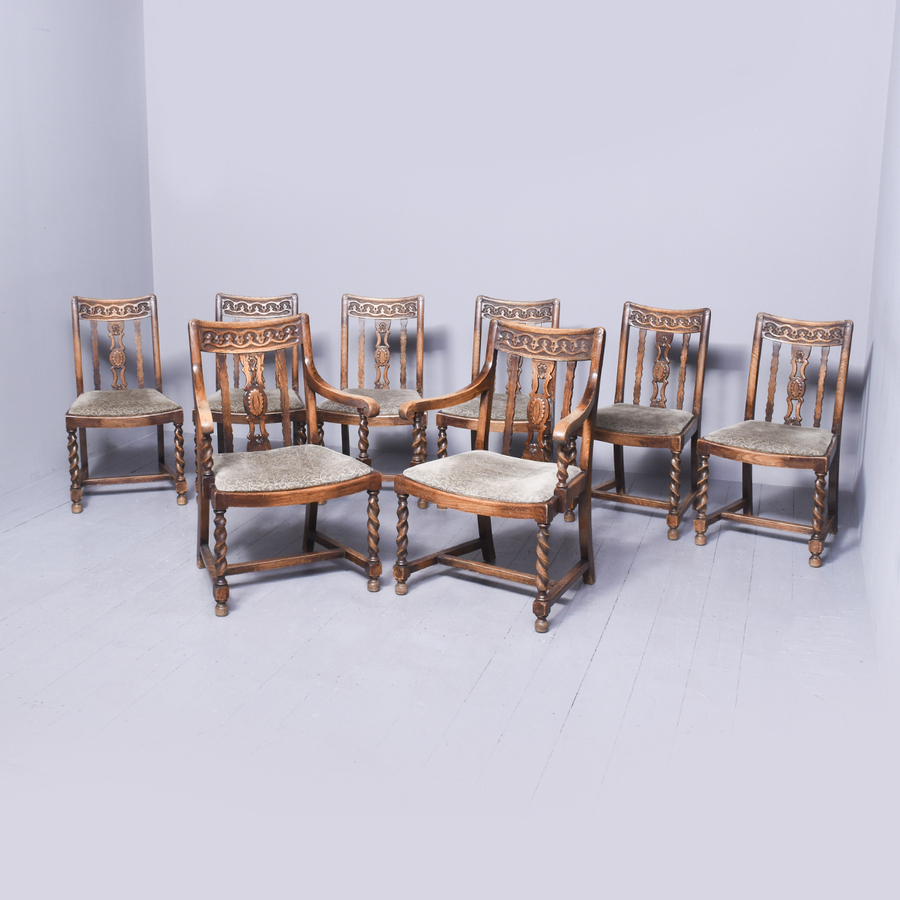 Antique Set of 8 Solid Oak Dining Chairs