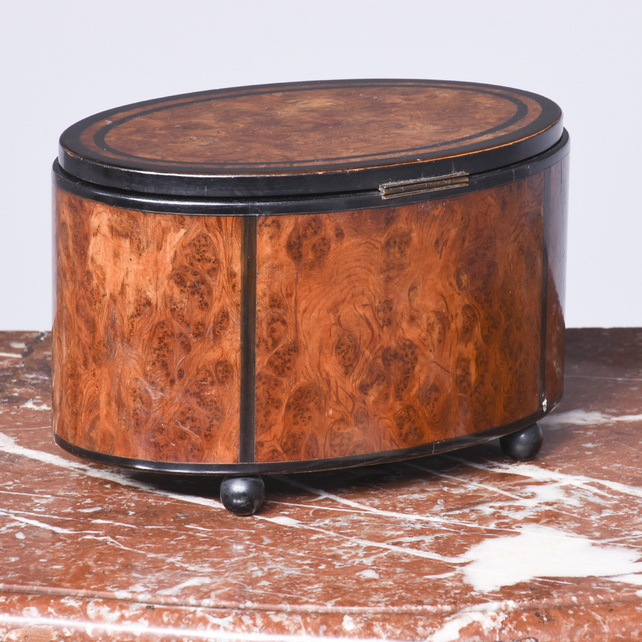 Antique Unusual Anglo-Indian Ebony Inlaid Burr Padouk Oval Jewellery Box