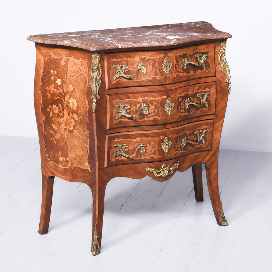Antique French Marquetry-Inlaid Serpentine Fronted, Marble Top Walnut Commode