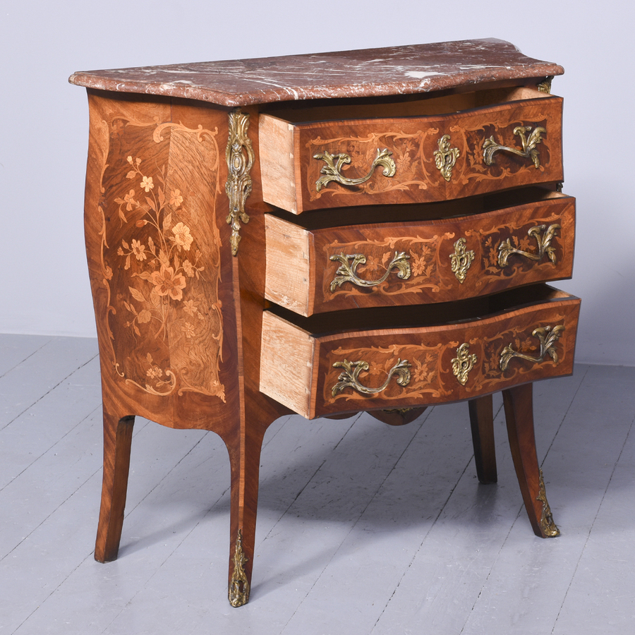 Antique French Marquetry-Inlaid Serpentine Fronted, Marble Top Walnut Commode