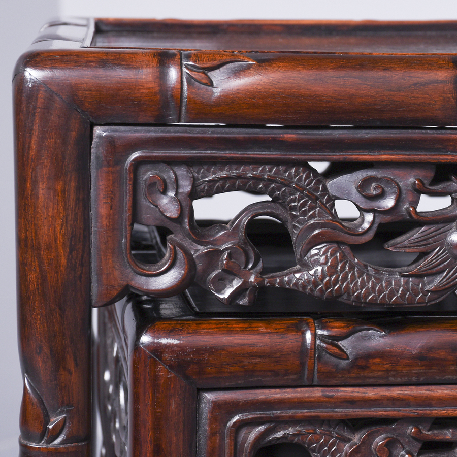 Antique Exceptional Quality Qing Dynasty Hongmu Carved Chinese Large Nest of Four Tables