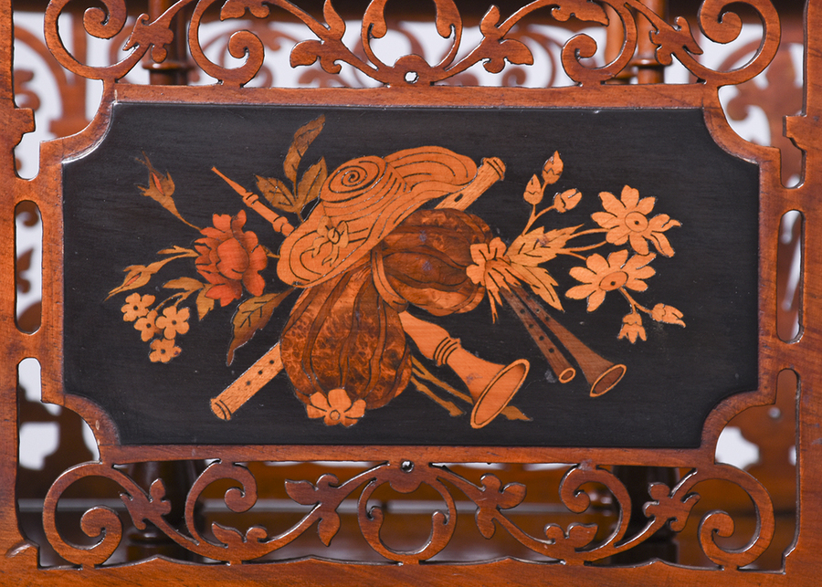 Antique Rare Mid-Victorian Marquetry Inlaid Walnut Canterbury