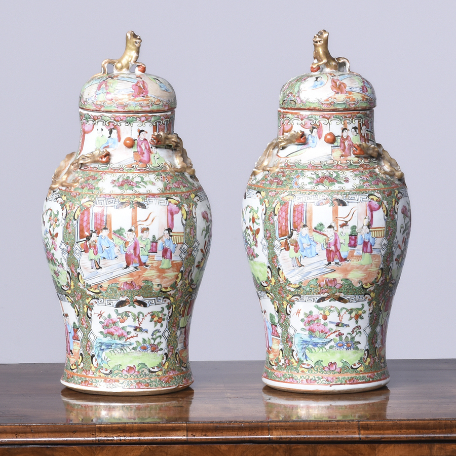 Pair of Lidded Baluster-Shaped 19th Century Cantonese/Mandarin Chinese Vases