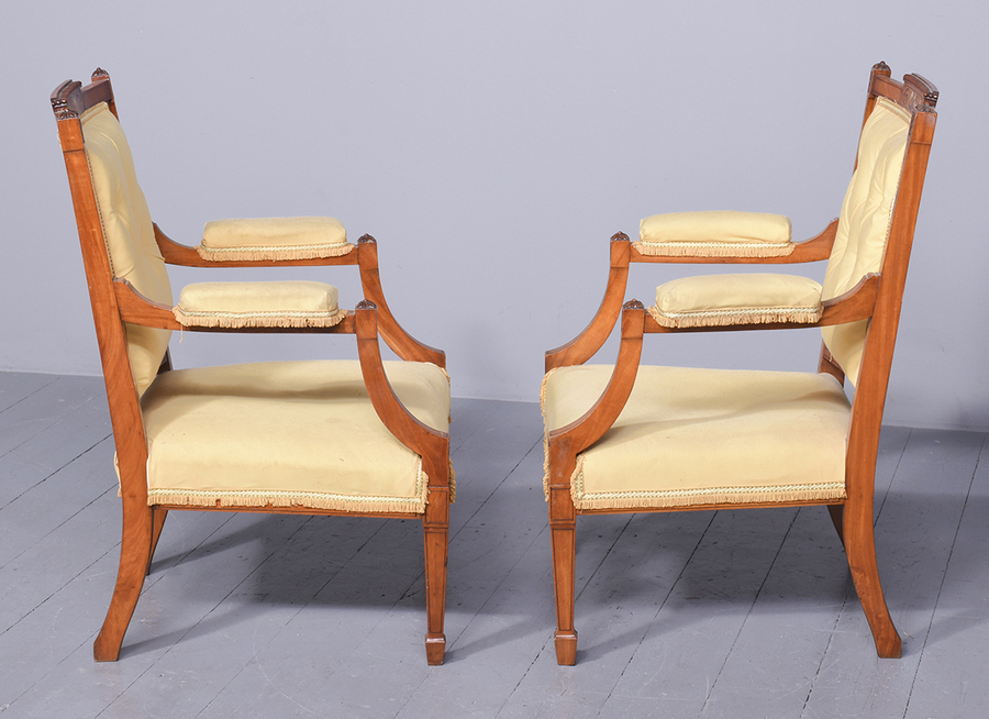 Antique Attractive Pair of Late Victorian Inlaid Solid Satinwood Armchairs 