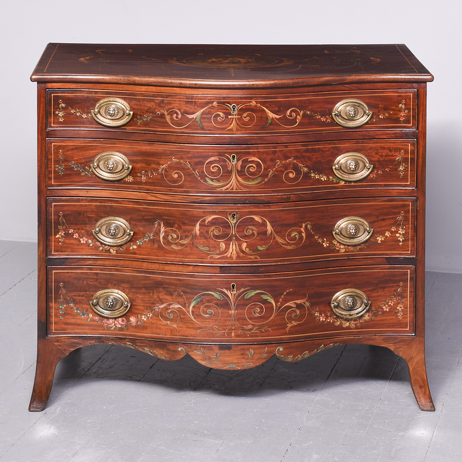 Antique Rare George III Hand Painted Neat-Sized Serpentine-Fronted Mahogany Chest of Drawers