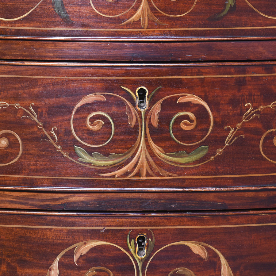 Antique Rare George III Hand Painted Neat-Sized Serpentine-Fronted Mahogany Chest of Drawers