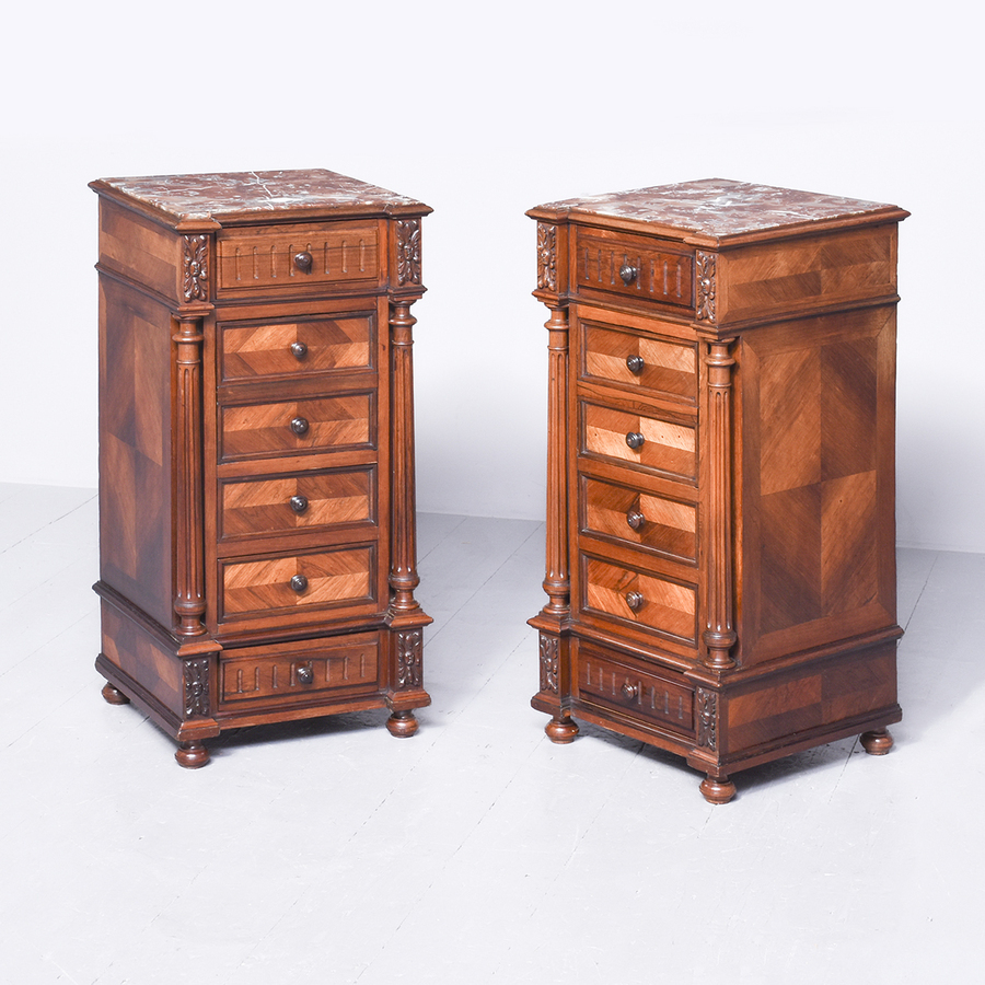 Pair of Quality Marble-Topped, Tall French Walnut Bedside Lockers or Lampstands