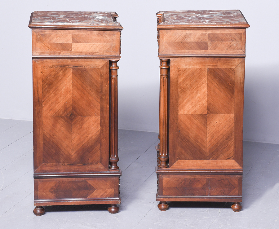 Antique Pair of Quality Marble-Topped, Tall French Walnut Bedside Lockers or Lampstands