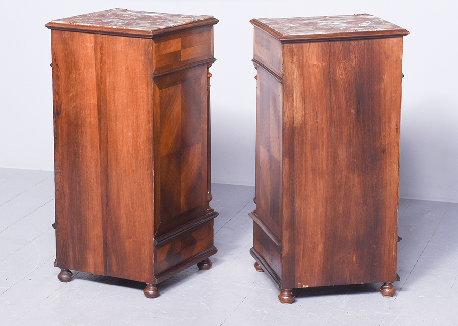Antique Pair of Quality Marble-Topped, Tall French Walnut Bedside Lockers or Lampstands