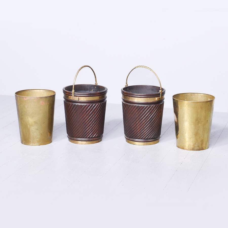 Antique Pair of Hand-Carved Mahogany Irish Georgian-Style Peat Buckets with Brass Fittings