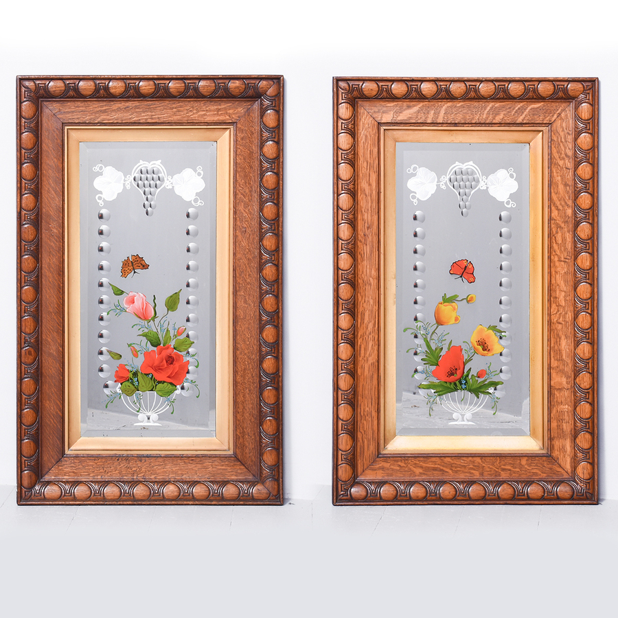 Pair of Victorian Painted & Etched Oak Framed Mirrors
