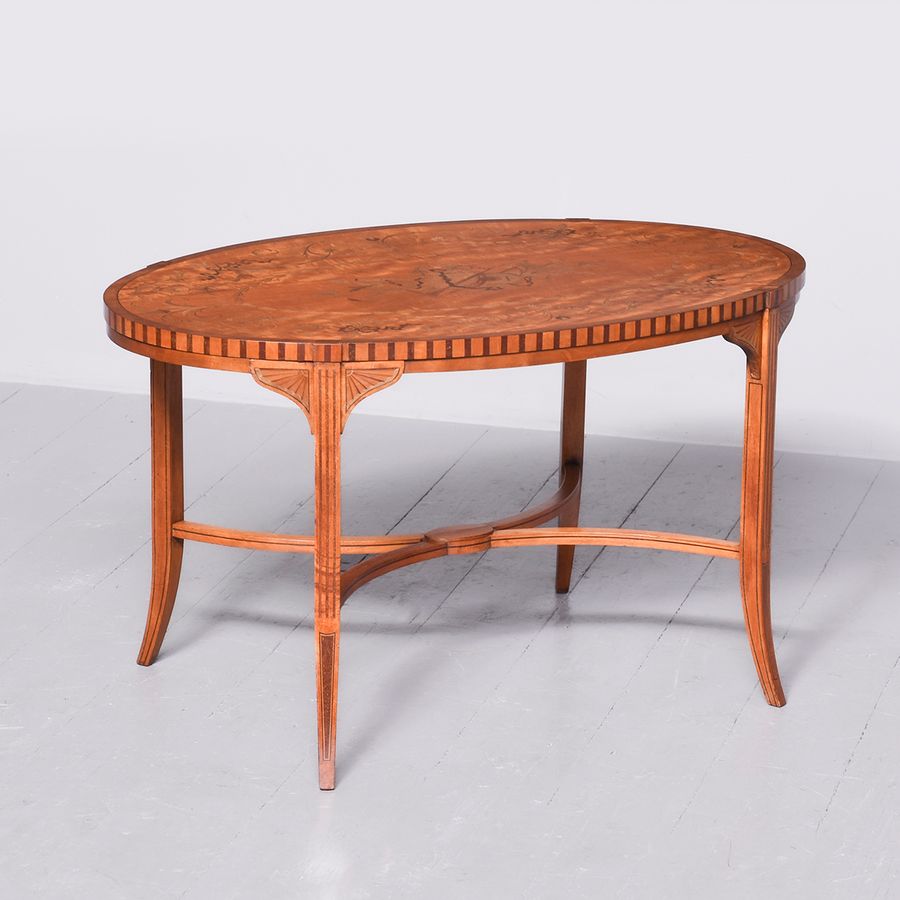 Superb quality marquetry inlaid satinwood coffee table by Edwards and Roberts of London
