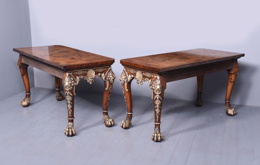 Antique Pair of Exhibition Quality Walnut Silvered and Yew Wood Serving Tables